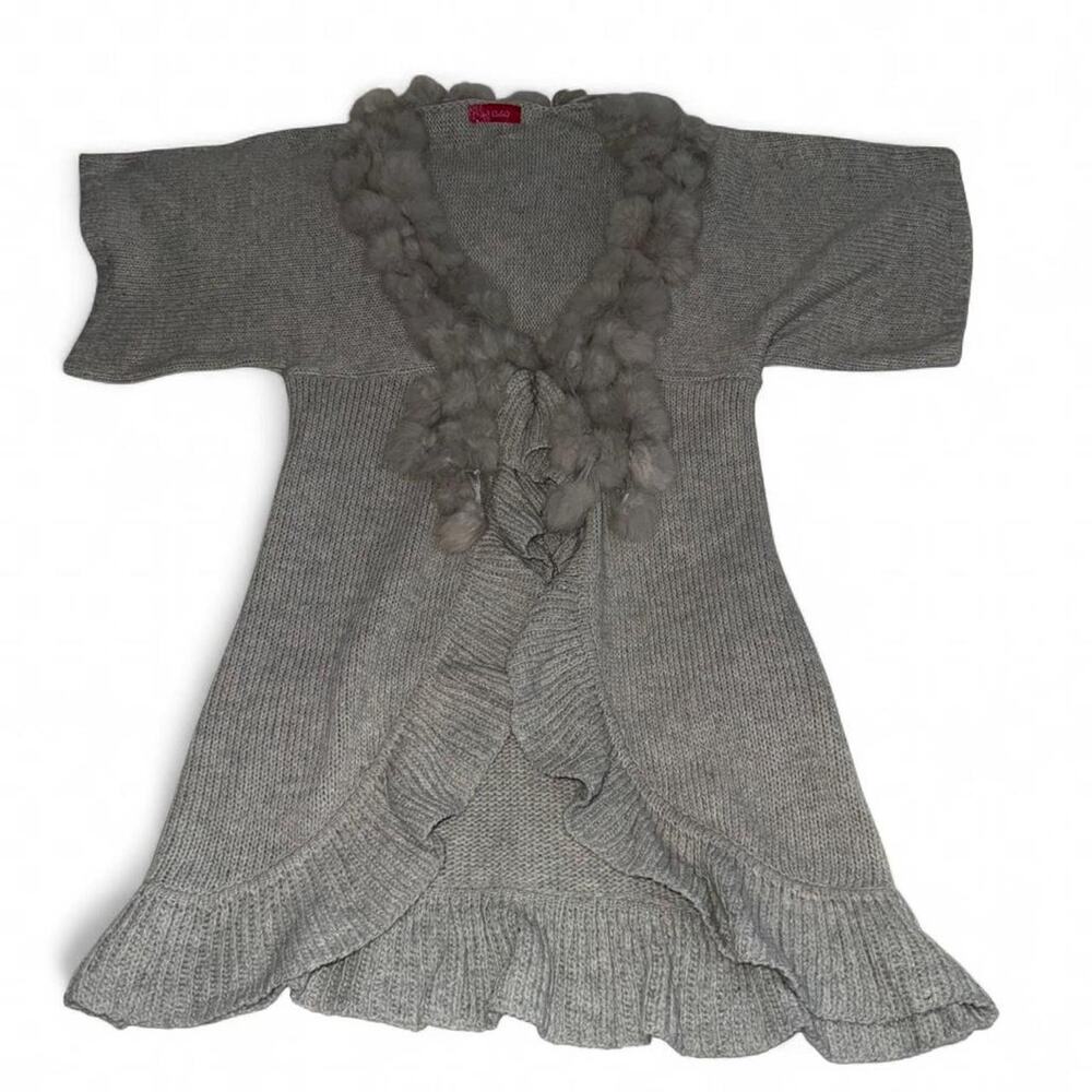 Y2K Boho Cleo Grey Knit Cardigan Faux Fur Pom Pom Indie Penny Lane Cozy M